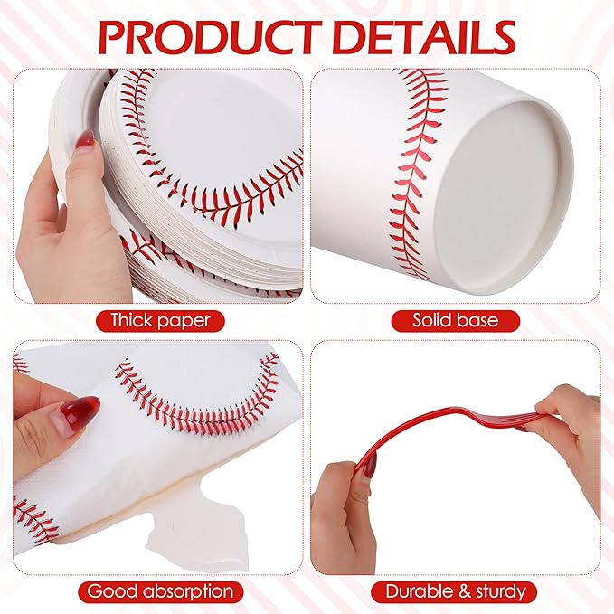 Kochorie 144 Pieces Baseball Paper Plates and Napkins Tableware Set Baseball Birthday Party Supplies Includes Disposable Paper Plates Napkins Forks Serve 24 for Sports Baseballs Party Decorations