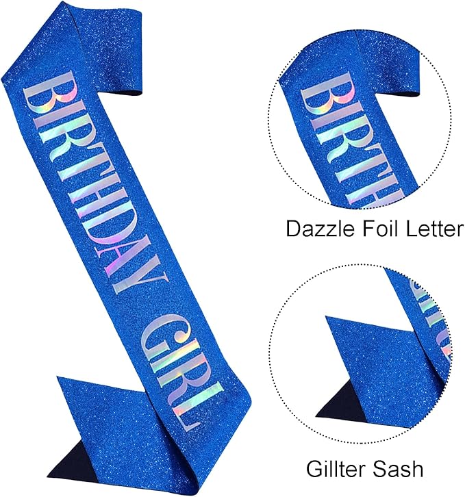 Birthday Sash for Girl, Dazzle Foil Letter Glitter Royal Blue Birthday Sash for Women Girl Kids Teenager Bday Gifts Party Favors Photo Prop