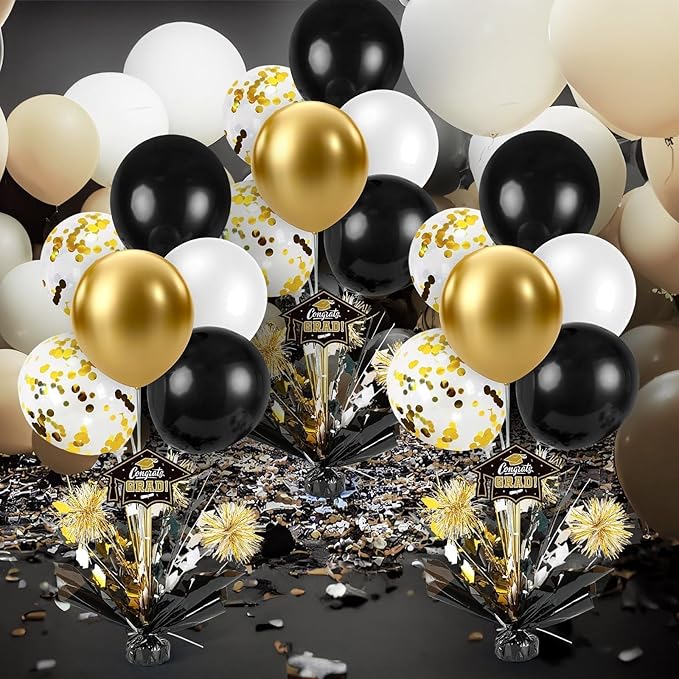 4 PCS Graduation Centerpieces for Tables Balloons Stand Holder Kit College Graduation Decorations 2026 Metallic Glitter Foil Balloon for Graduation Party Decorations Prom Decor(4, Black Gold)