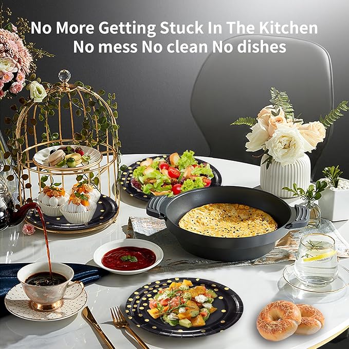 Black Gold Paper Plates and Napkins Tableware Set-25 x 7''Dessert Plates & 25 x 6.5''Napkins & 25 x 7.3''Forks,Party Supplies for Birthday,Graduation,Anniversary,Retirement,Father's Day(Serve 25)