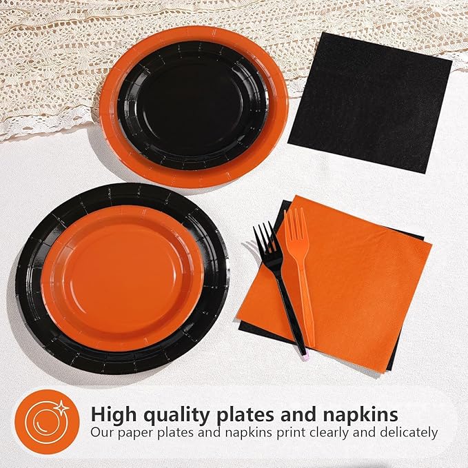 Grencian 200Pcs Orange and Black Graduation Decorations Black and Orange Plates and Napkins Disposable Graduation Tableware for Birthday Wedding Baby Shower Congrats Grad Party Supplies Serves 50
