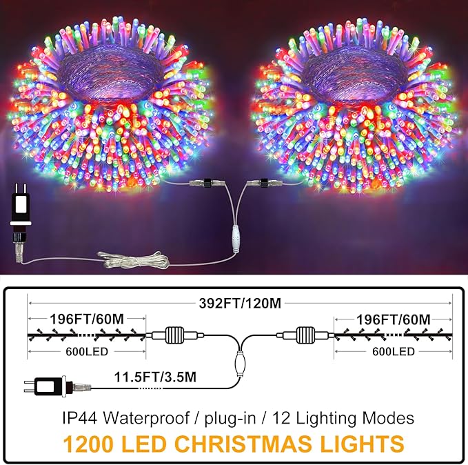 FLVOECN 410Ft 1200LED Christmas Lights Outdoor Decorations 12 Modes & Memory Timer Christmas Lights with Remote Plug in Waterproof Fairy String Lights for Xmas Wedding Party Holiday Decor（Multicolor）