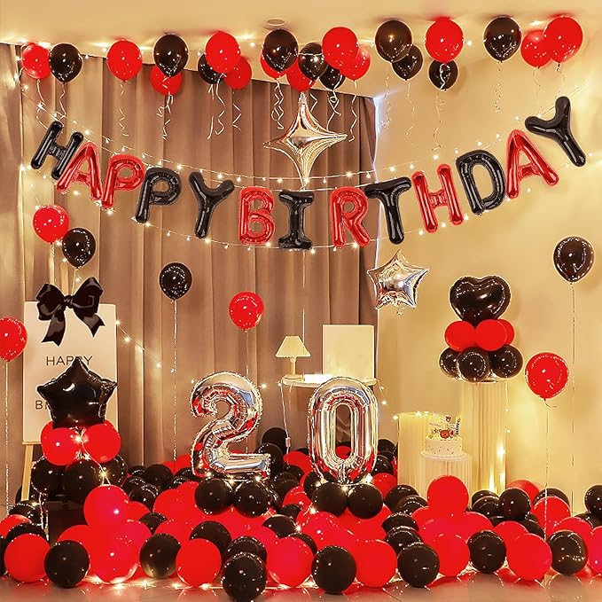 CANREVEL Happy Birthday Banner 13pcs 16 Inch Mylar Foil Letters Sign Balloons with LED Lights Birthday Party Decorations for Kids and Adults - 3D Black Red