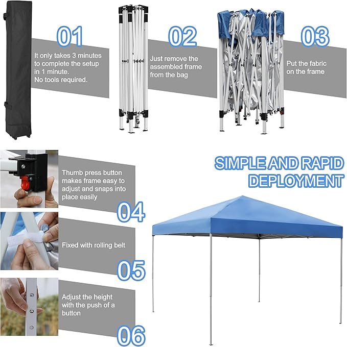 JupiterForce 10 x 10 Pop Up Height Adjustable Canopy Tent Sun Protection Waterproof Instant Shelter Portable Folding Canopy with Ropes Stakes Roller Carry Bag, Blue