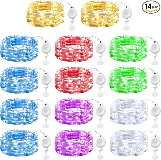 Brightown 14 Pack 6 Color LED Fairy Lights Battery Operated String Lights, 7 ft 20 LED Waterproof Silver Wire Twinkle Lights