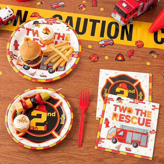Haooryx Two the Rescue Party Tableware - 96Pcs Firefighter 2nd Birthday Decoration Red Yellow Fire Truck Themed Disposable Plates Napkins Forks for Kids 2 Years Old Birthday Party Table Decor Supply
