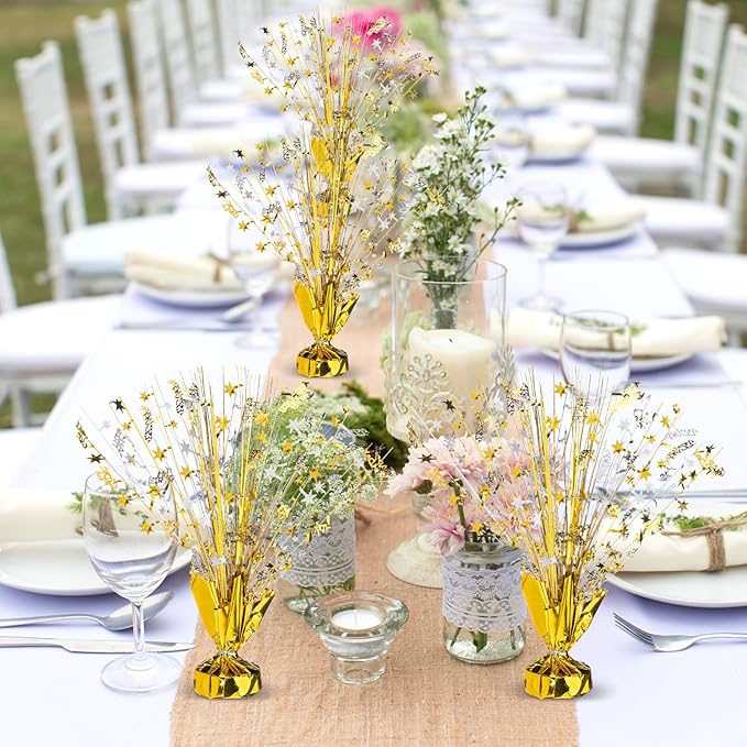 Canlierr 6 Pcs Metallic Foil Spray Centerpiece Party Happy Birthday Gold and Silver Small Star Table Decorations Burst Centerpieces with Emerald Willow Suitable for Birthday Party Season Holiday