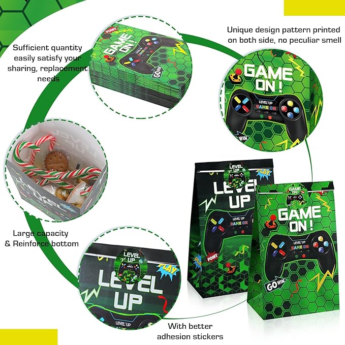 Geosar 30 Pack Video Game Party Favor Paper Bags Game on Goodie Candy Gift Bags with 30 Stickers Level up Reusable Goodie Treat Snacks Supplies for Boys Kids Gaming Birthday Party(Green)