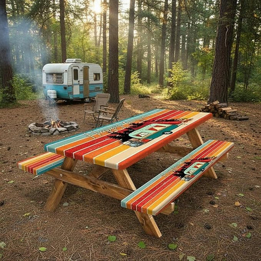 JAWO 72in Picnic Table Cover with Bench Covers, Camping Essentials Water Resistant Windproof Picnic Table Cloth,Fitted Tablecloth Cover with Elastic Edge for Indoor Outdoor, Camper Fitted Table Cover