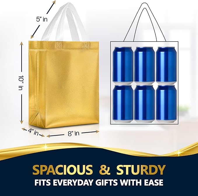 Nush Nush Set of 30 Shiny Gold Gift Bags in Bulk - Reusable Gold Gift Bags With Handles - Perfect For Small Business Use, Christmas, Birthdays, Events, Party Favors, Weddings, Holiday - 8Wx4Dx10H Size