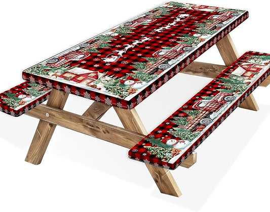 Christmas Picnic Table Cover with Bench Covers and Bag, Camping Essentials, Red Plaid Xmas Waterproof Windproof, Fitted Tablecloth Cover with Elastic Edge, for Indoor & Outdoor, 3 PCS, 30x60 Inch