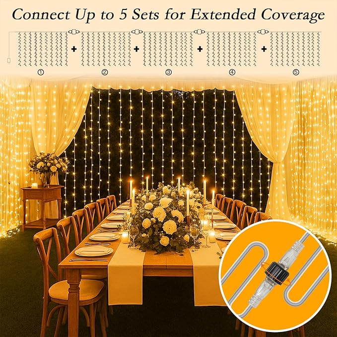 300 LED Curtain String Lights 9.8 * 9.8FT Plug in Fairy Lights with Timer and 8 Modes, Waterproof Window Wall Lights for Bedroom Wedding Party Indoor Outdoor Christmas Decor