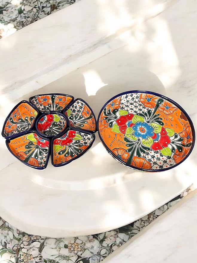 Handmade 7-Piece Talavera Appetizer Tray | Sectional Botanero Party Platter for Dips, Sauces & Charcuterie