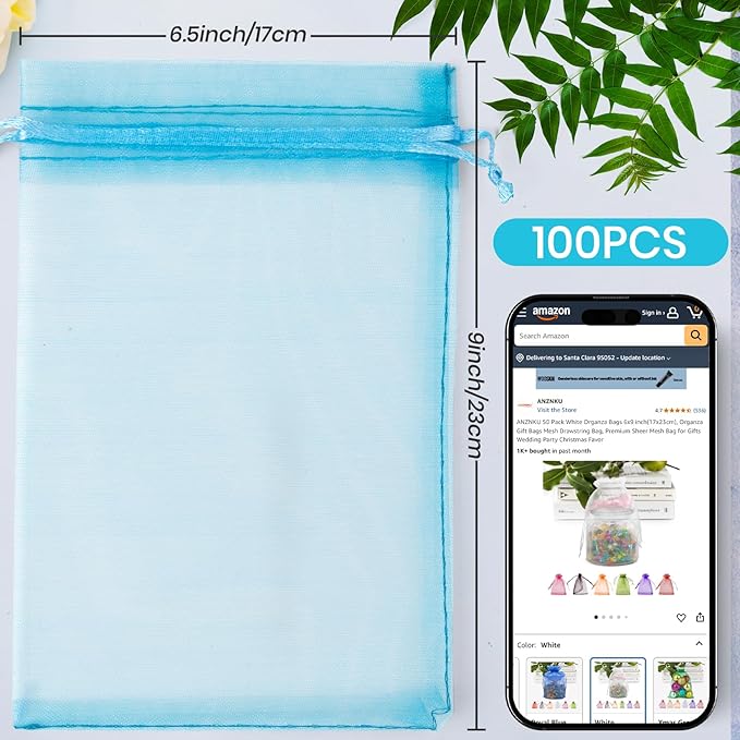 ANZNKU 100 Pack Organza Bags 6x9 Inch, Mesh Bag Drawstring Jewelry Pouches, Large Organza Gift Bags for Easter Party Favor, Baby Shower(Lake Blue)