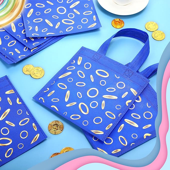 Tudomro 24 Pcs Blue and Golden Ring Favor Bags with Handle Reusable Non Woven Gift Bag Goodies Treats Totes for Video Game Birthday Party Supplies, 7.87 Inches