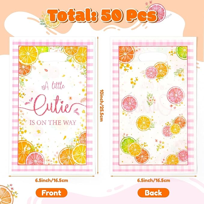 ANGOLIO Summer Grapefruit Gift Bags - 50Pcs A Little Cutie is on the Way Themed Fruit Cuties Party Favor Bags for Baby Shower Birthday Gender Reveal, Summer Lemons Oranges Candy Goodie Treat Handbags