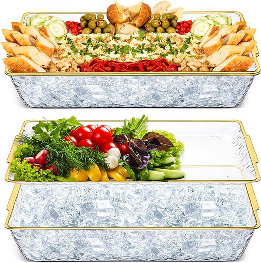 Baderke 2 Set 16" x 9" Plastic Chilled Serving Tray for Parties with Compartments Ice Chilled Party Platter Charcuterie Serving Board Cold Dish Dip for Fruit Seafood Vegetable Appetizer (Gold Rim)