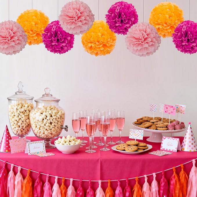 Hot Pink Orange and Pink Tissue Pom Poms Paper Kit DIY Decorative Flowers Ball for Birthday Party Wedding Hanging Decorations Pack of 12 10in12in