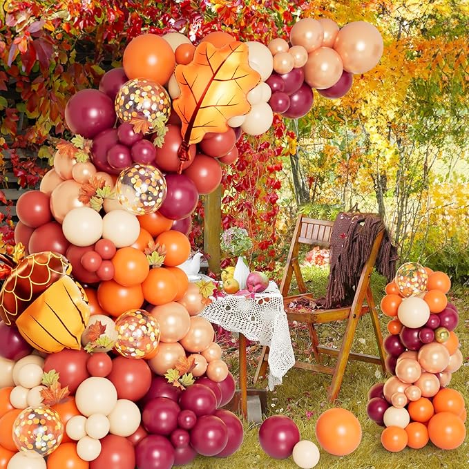 DBKL 138pcs Fall Balloon Garland Arch Kit with Orange Dusty Pink Wine Red Rose Gold Confetti Balloons Maple Leaf Pine Cones Foil Balloons for Thanksgiving Autumn Fall Birthday Shower Party Decorations