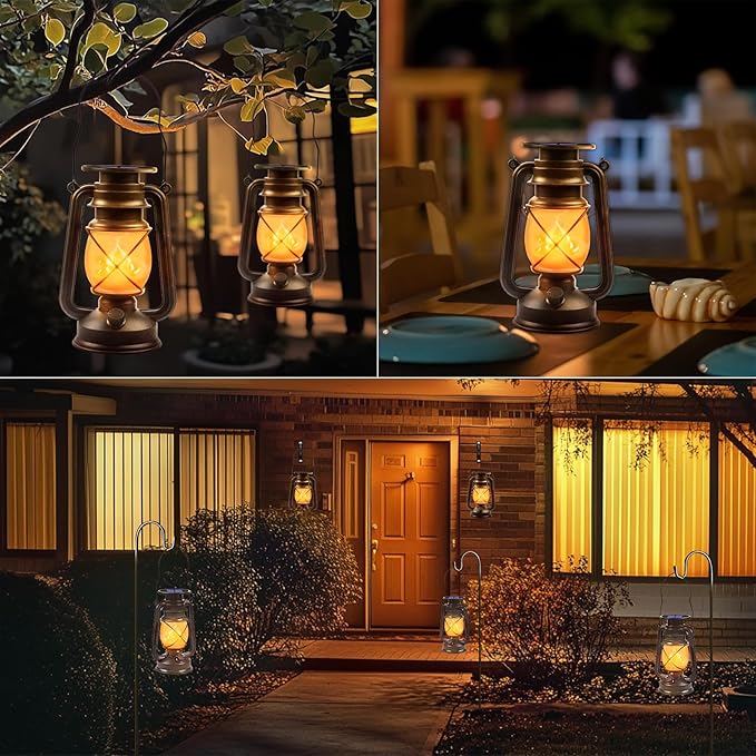 Wondrastical Solar Lanterns Outdoor Waterproof, 2 Pack Flickering Flame LED Hanging Lantern, Bronze Vintage Solar Powered Decorative Lights for Patio Porch Garden Yard Pathway Camping