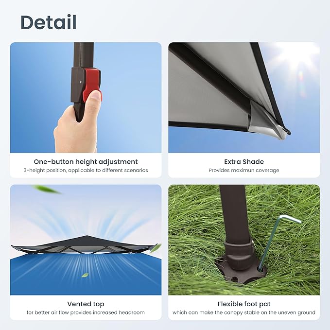 PHI VILLA 13x13 Pop Up Canopy Tent Instant Outdoor Party Canopy Easy One Person Set-up Folding Shelter with Auto Extending Eaves 169 Square Feet of Shade, Blue, Oxford Cloth with Stainless Steel Frame