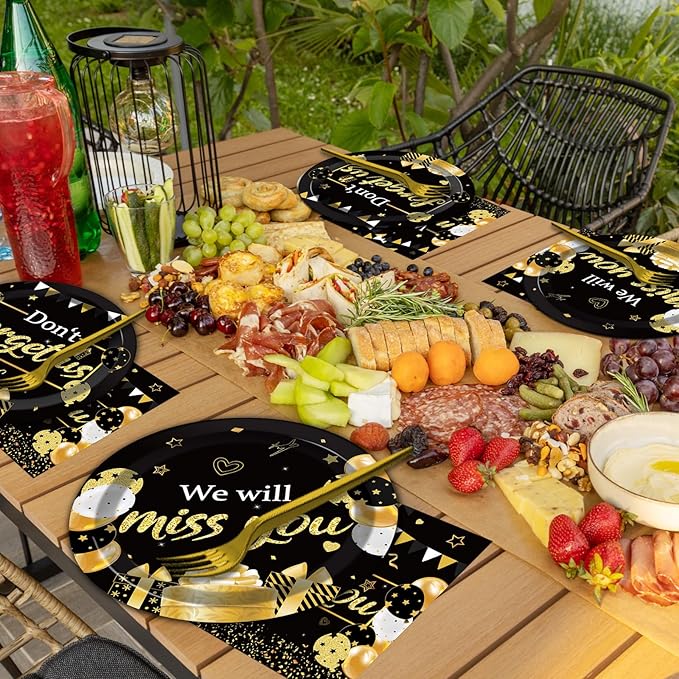 50 Guests We Will Miss You Plates and Napkins Party Supplies Farewell Party Decoration Disposable Paper Cake Tableware Set Black and Gold Goodbye Party Dinnerware Favor for Employee Retirement, 200PCS