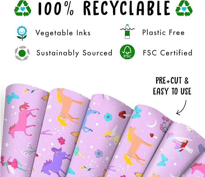 CENTRAL 23 - Fairies and Unicorn Wrapping Paper - 6 Sheets of Mystical Gift Wrap for Girls - Cute Butterfly and Flowers for Her - Pink Purple Birthday Giftwrap - Recyclable