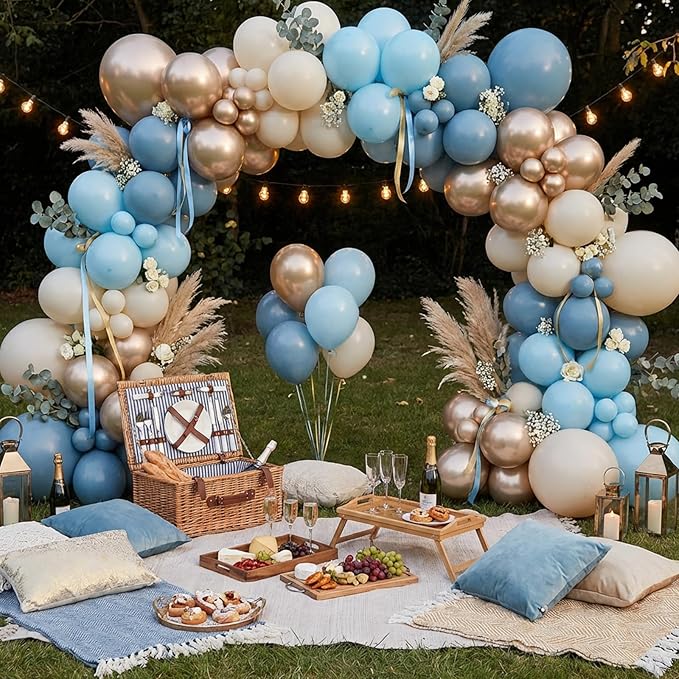 RUBFAC Dusty Blue and Gold Balloons, 65pcs 12 Inches Champagne Gold Metallic Fog Baby Blue Balloon for Baby Boy Shower Bridal Birthday Wedding Party Decorations