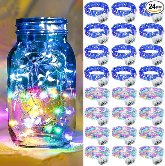 24 Pack Fairy Lights 7Ft 20 LED Twinkle String Lights Battery Operated Waterproof Firefly Starry for Mason Jar Party Wedding Christmas Valentines Day,Rainbow + Blue