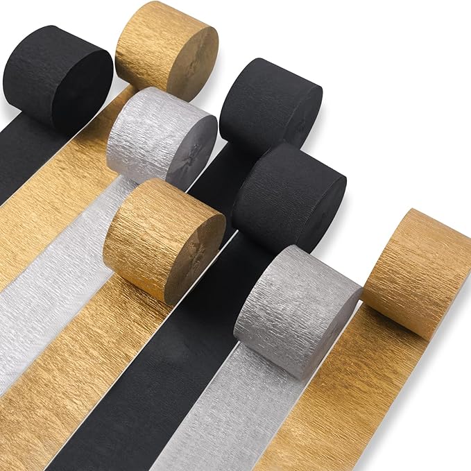 PartyWoo Crepe Paper Streamers 8 Rolls 656ft, Pack of Black, Gold and Silver Party Streamers, Crepe Paper for Birthday Decorations, Party Decorations, Wedding Decorations (1.8 in x 82 Ft/Roll)