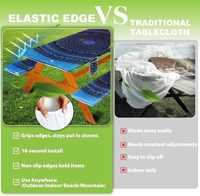 Picnic Table Cover with Bench Covers Vinyl Elastic Edges Fitted Rectangle Seat Tables Waterproof 3-Piece96X30in Set Outdoor Rectangular Folding Backing Tablecloth for Camping Over Size