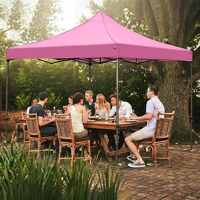 GDY 10x10 Ft Steeple Outdoor Pop Up Canopy Tent, Commercial Portable Instant Folding Gazebos, Patio Canopies with Wheel Bag, Pink.