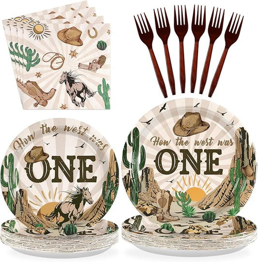 96Pcs How the West Was One Party Decorations 350 GSM Western Cowboy 1st Birthday Plates and Napkins Tableware Set for Boys One Year Old First Rodeo Wild West Party Supplies Serve 24