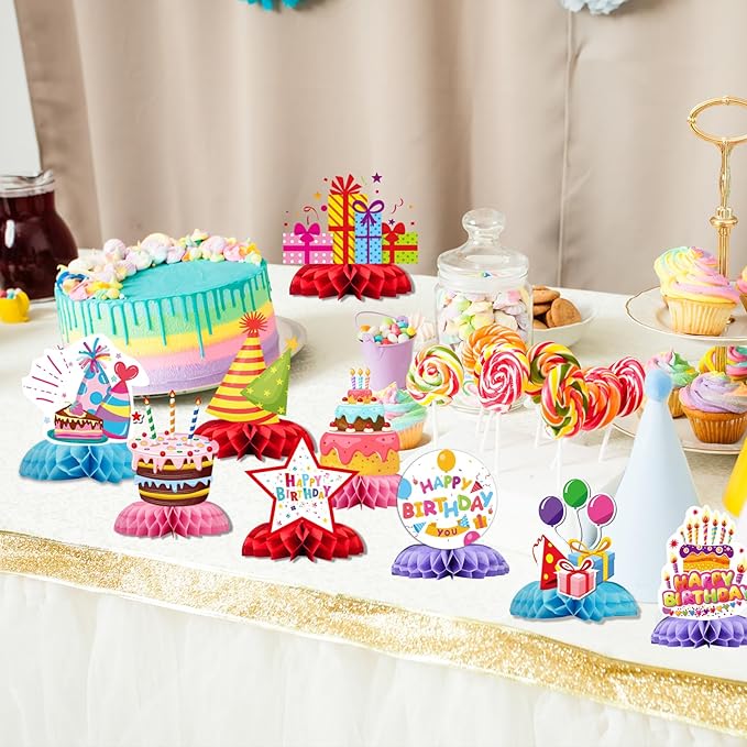 Happy Birthday Decorations 9 Pcs Table Centerpieces,Colorful Birthday Party Supplies Table Decor Set with Happy Birthday Sign, Cupcake Toppers for Birthday Party Decor