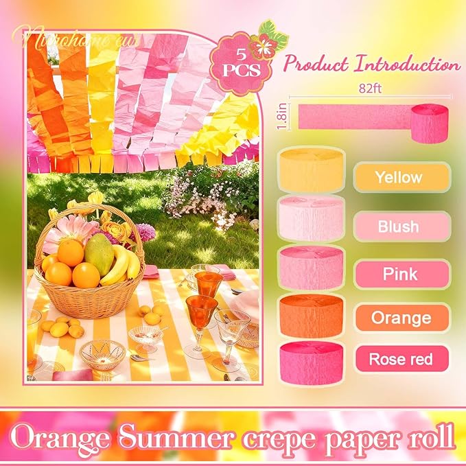 NICROHOME EUR Orange Pink Summer Party Crepe Paper Streamers, 5 Rolls Retro Hanging Garland Streamers for Sunset Party Birthday Wedding Baby Shower Fall Thanksgiving Backdrop Decor (1.8 x 82 Ft/Roll)