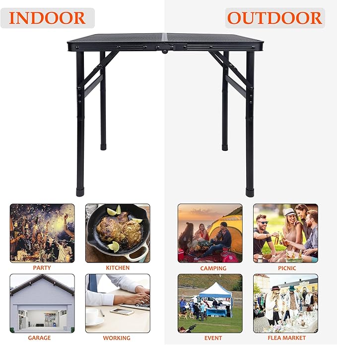 FORUP Small Folding Table, Camping Table with Mesh Desktop, Portable Picnic Table with Carry Handle, Height Adjustable Portable Grill Table for Outside Inside Use