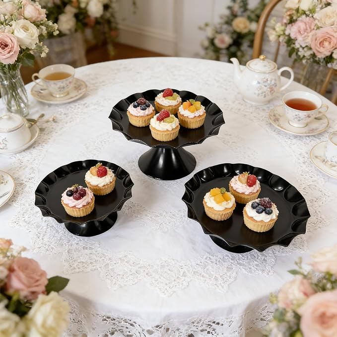 3 Pcs Metal Cake Stand Set, Scalloped Edge Cupcake Tray Dessert Display Platter, Decorative Serving Stand for Wedding, Birthday, Tea Party,Baby Show (Black)