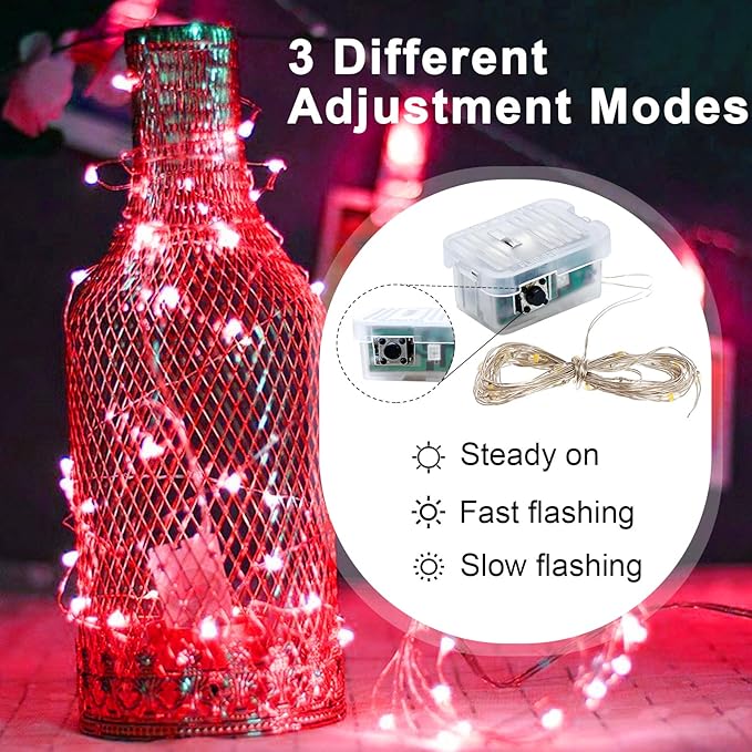 pozzolanas 12 Pack Red Fairy Lights Battery Operated 3 Modes 7FT 20 LED Waterproof String Lights Twinkle Silver Wire for Mason Jars Wedding Christmas Halloween Party Decor (12, Red)