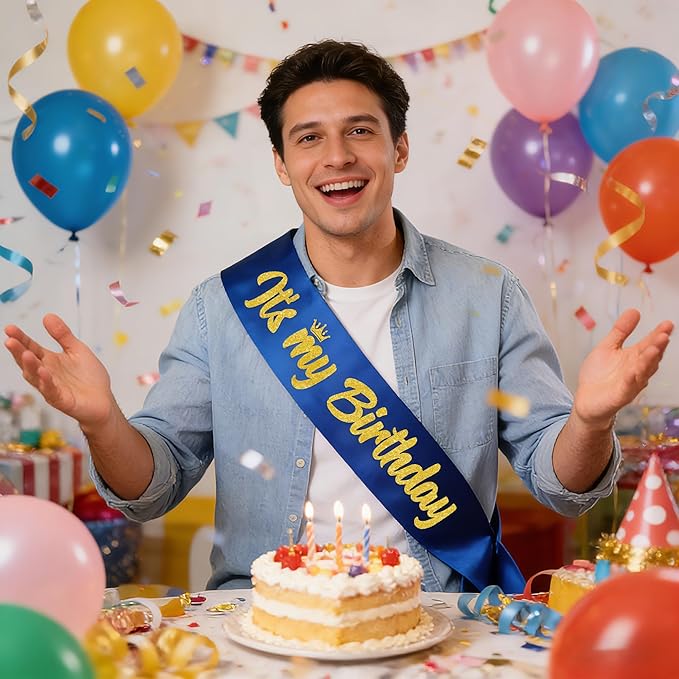 It's My Birthday Sash Royal Blue with Glitter Gold Letters Happy Birthday Sash for Men Boy Bday Gift Ideas Party Favors