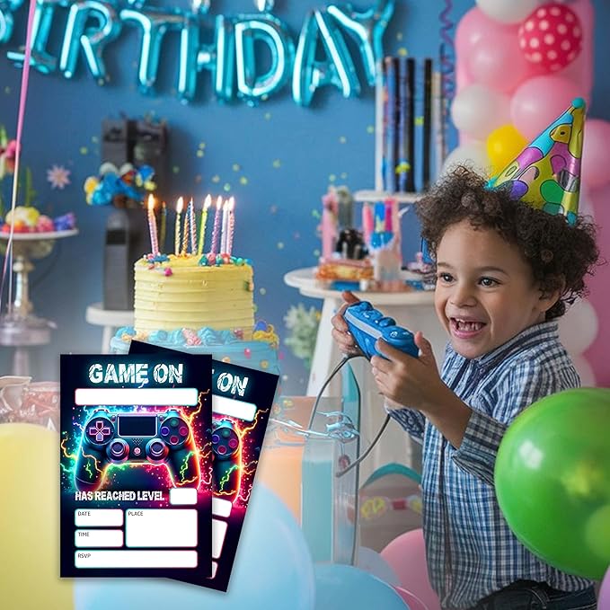 Gaming Themed Birthday Invitations – 20 Invitation Cards 4"x6" with Envelopes.(009)
