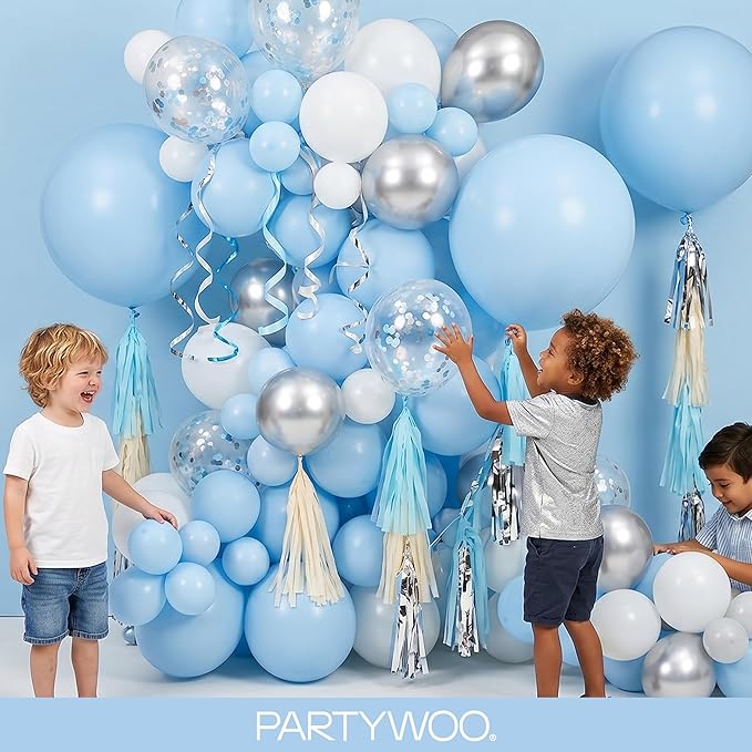 PartyWoo Light Blue Balloons 140 pcs Different Sizes of 18 12 10 5 Inch Baby Pastel Sky Blue Balloon Arch Kit Garland for Graduation Baby Shower Gender Reveal Birthday Party Decorations Blue-Y4