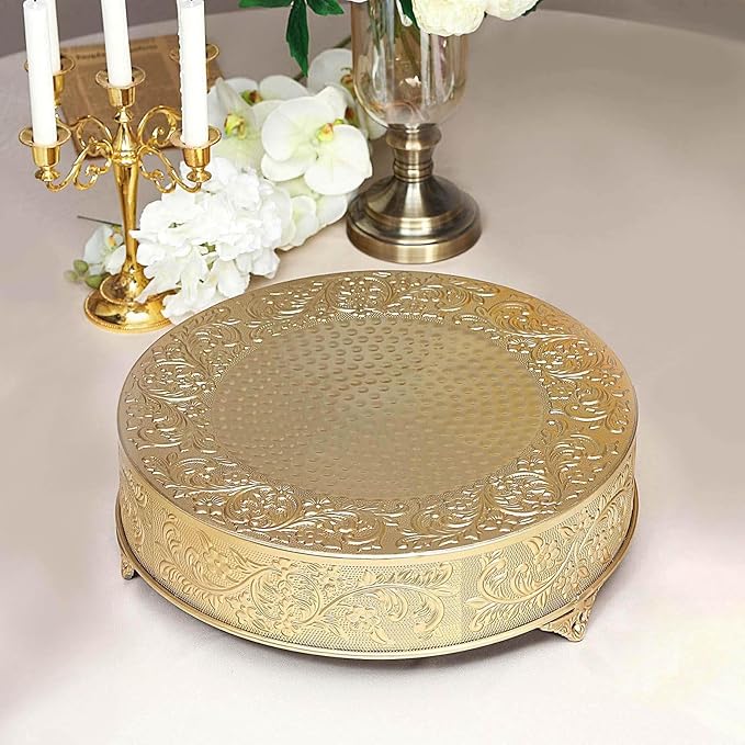 Efavormart 18" Gold Round Embossed Metal Cake Plateau Stand, Wedding Dessert Table Display Riser