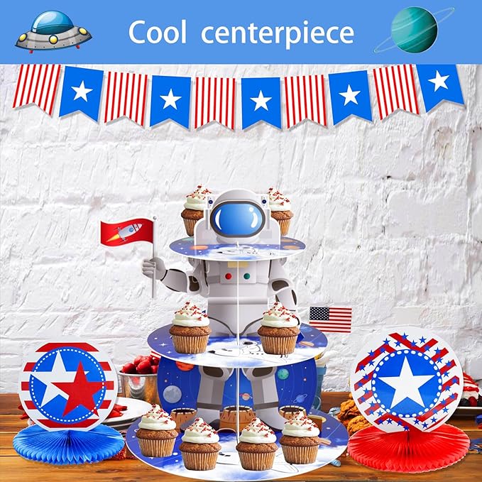 Space Astronaut Cupcake Stand Space Themed Birthday Party Decorations 3-Tier Cardboard Cupcake Holder stand Galaxy Style Dessert Tower Display for Party Supplies