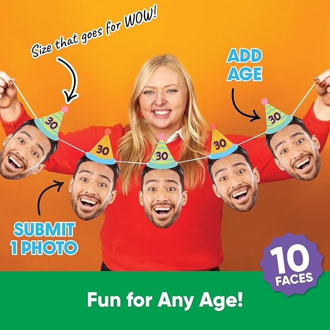Big Dot of Happiness Custom Colorful Birthday Face Cut Out Garland Banner, Personalized Birthday Age Decor, Custom Party Time Face Banner, 30 Feet of Cord, 10 Face Cut Outs
