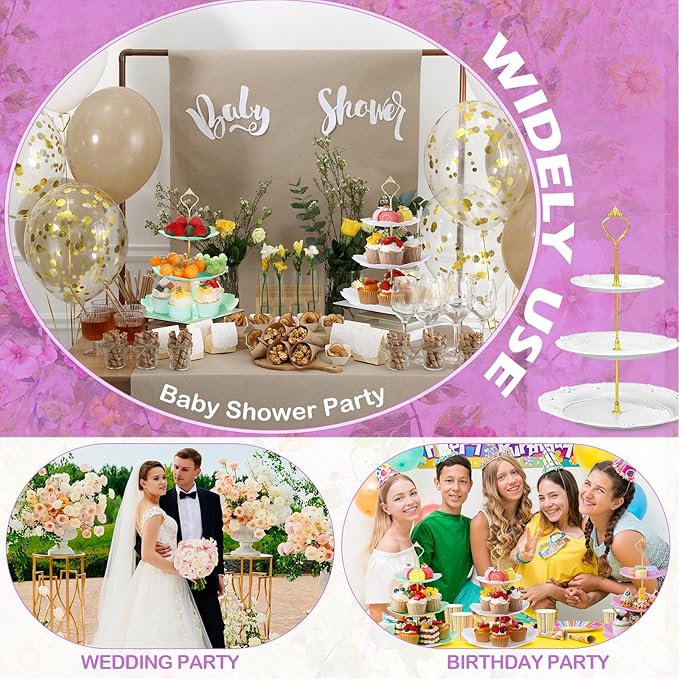 3 Sets Tea Party Decorations of 3 Tier Wedding Plastic Dessert Table Display Set Cupcake Stand Dessert Plates Cake Candy Display Tower Wedding Birthday Baby Shower Tea Party Decoration