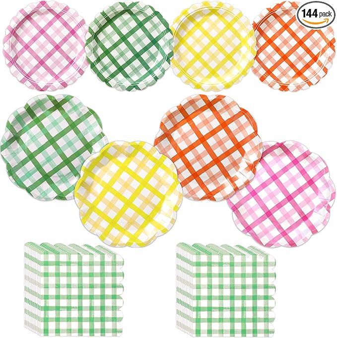 144 Pcs 48 Guests Gingham Party Plates and Napkins Colorful Gingham Paper Plates Napkins Checkered Plaid Disposable Tableware for Picnic BBQ Bachelorette Baby Bridal Shower Tea Party Supplies