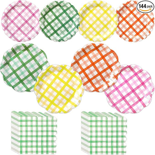 144 Pcs 48 Guests Gingham Party Plates and Napkins Colorful Gingham Paper Plates Napkins Checkered Plaid Disposable Tableware for Picnic BBQ Bachelorette Baby Bridal Shower Tea Party Supplies