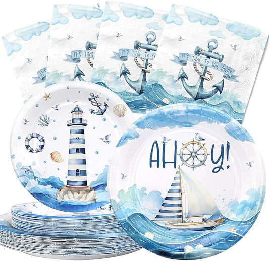Nautical Party Plates and Napkins for 40 Guests – Sailboat and Lighthouse Theme Baby Shower and Birthday Supplies, Ahoy Ocean Tableware for Kids and Adults