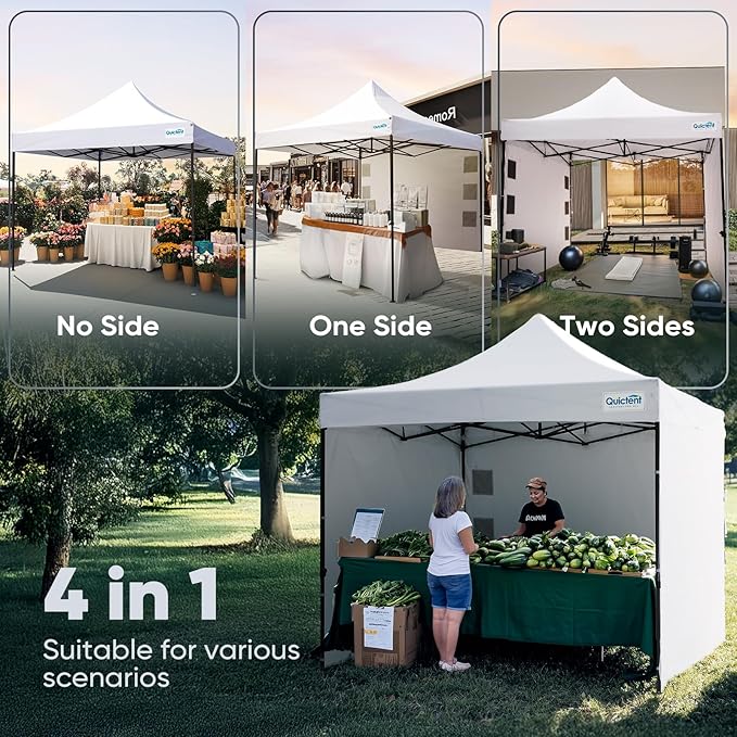 Quictent 10x10 Heavy Duty Pop up Canopy Tent with 3 Removable Sidewalls, Commercial Grade Instant Shelter with Wheeled Bag for Outdoor, Parties, Markets, 600D PU Coated UPF 50+ Sun Shield