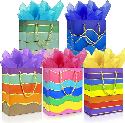 MUMULULU 5 Pack Paper Gift Bags with Handle and Tissue Paper Birthday Gift Bags Rainbow Bag for Birthday Party Baby Shower Wedding Holiday Presents